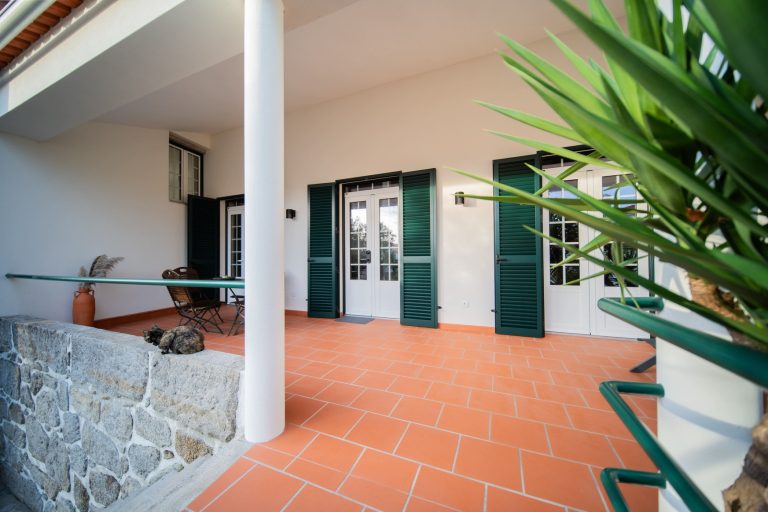 Casa 1B: Terrace with green shutters and palm trees