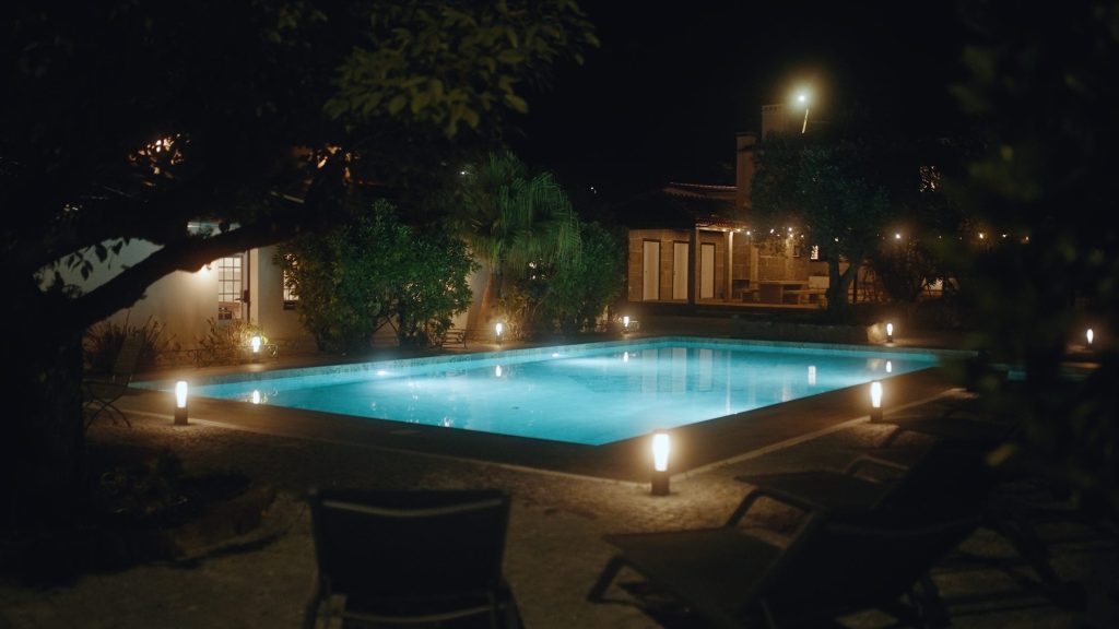 Pool and houses in the evening